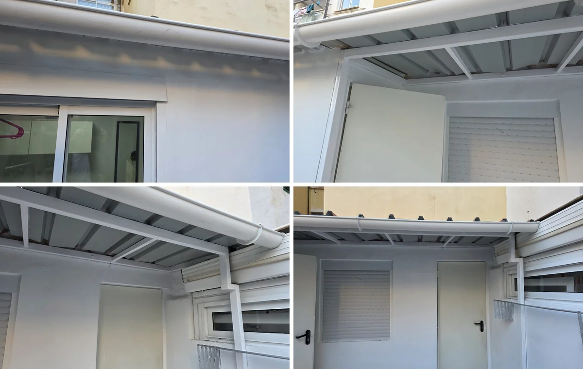 Cubierta exterior blanca con canalón y bajante realizada por URMA MC Reformas en Mallorca